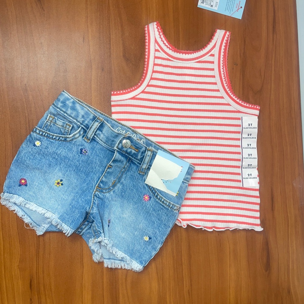Cat & Jack Toddler Girls 2T Striped Tank Top and‎ Floral Denim Shorts Set NWT
